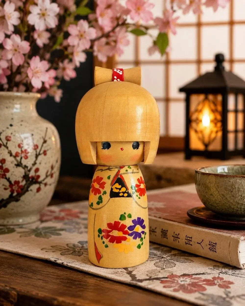 Vintage Japanese Kokeshi Doll 5” Wood Floral Kimono Girl Bow Hand Painted